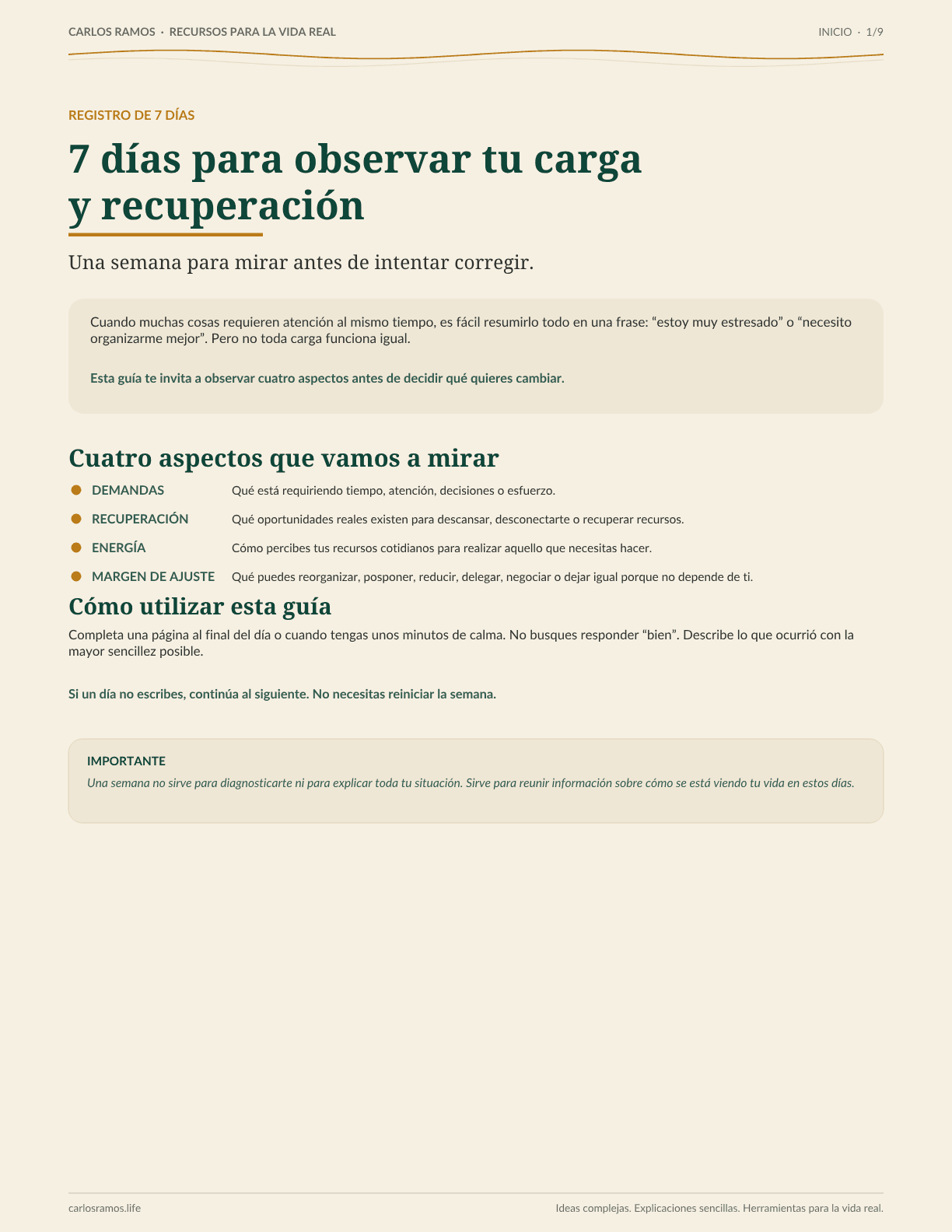Vista previa auténtica del registro de 7 días para observar tu carga y recuperación