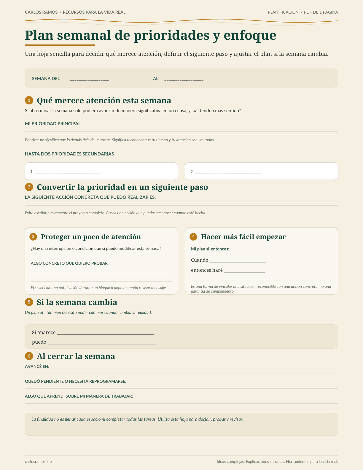 Vista previa auténtica del Plan semanal de prioridades y enfoque